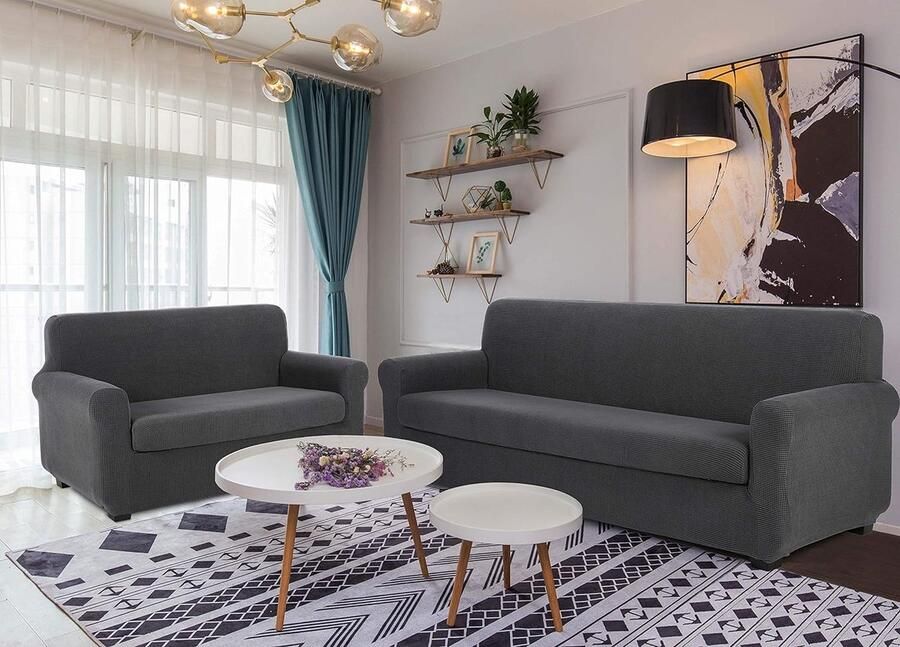 Sofahoezen+Kussenhoes Bankhoes 4-Zits Meubelbeschermer Stretch Sofahoezen Bankhoezen Tweezits Bankhoes Meubelhoes voor bankJacquard Bankhoes(4-Zits Grijs)