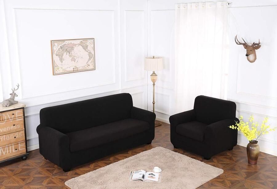 Sofahoezen+Kussenhoes Bankhoes 2-Zits Meubelbeschermer Stretch Sofahoezen Bankhoezen Tweezits Bankhoes Meubelhoes voor bankJacquard Bankhoes(2-Zits Zwart)