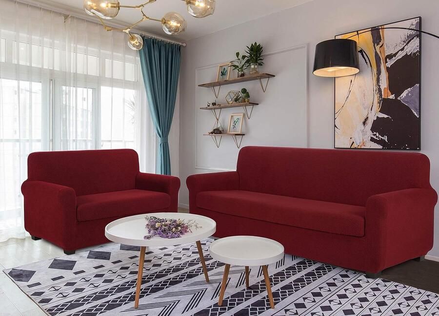 Sofahoezen+Kussenhoes Bankhoes 2-Zits Meubelbeschermer Stretch Sofahoezen Bankhoezen Tweezits Bankhoes Meubelhoes voor bankJacquard Bankhoes(2-Zits Claret)