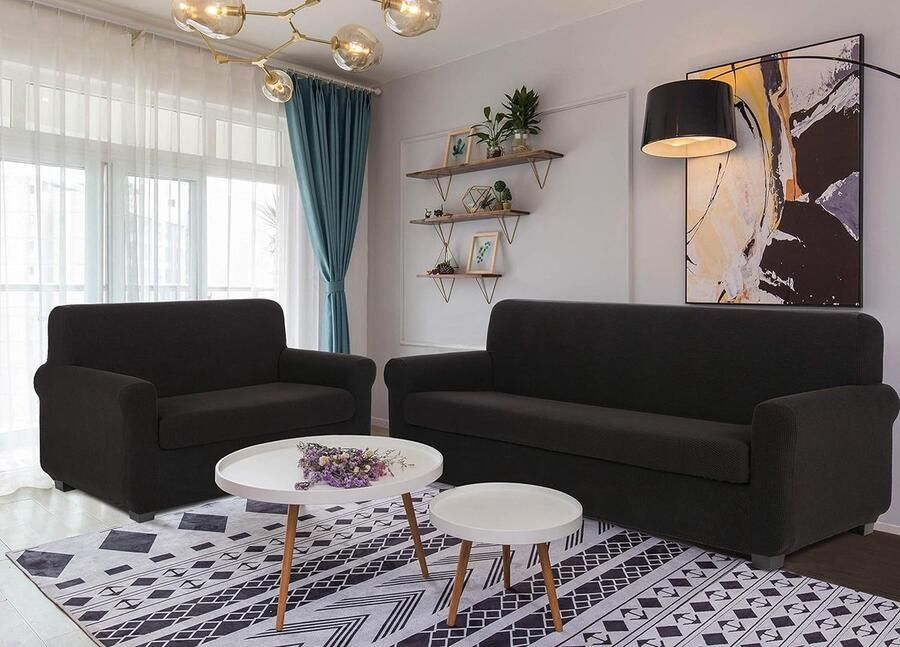 Sofahoezen+Kussenhoes Bankhoes 4-Zits Meubelbeschermer Stretch Sofahoezen Bankhoezen Tweezits Bankhoes Meubelhoes voor bankJacquard Bankhoes(4-Zits Zwart)