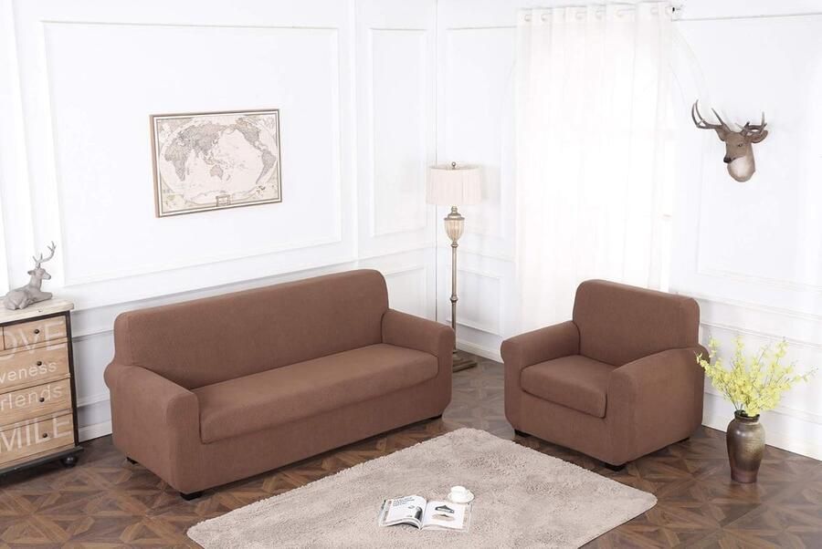 Sofahoezen+Kussenhoes Bankhoes 4-Zits Meubelbeschermer Stretch Sofahoezen Bankhoezen Tweezits Bankhoes Meubelhoes voor bankJacquard Bankhoes(4-Zits Koffie)