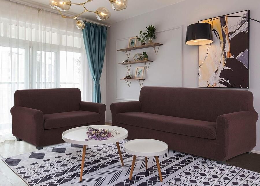 Sofahoezen+Kussenhoes Bankhoes 4-Zits Meubelbeschermer Stretch Sofahoezen Bankhoezen Tweezits Bankhoes Meubelhoes voor bankJacquard Bankhoes(4-Zits Chocolade)