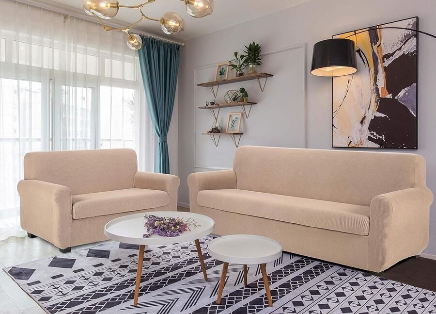 Sofahoezen+Kussenhoes Stretch meubelhoes voor fauteuil Huisdierhoezen Meubelbeschermer Hoesjes Zetelovertrek Bankbeschermer Jacquard Bankhoes(Fauteuil Zand)