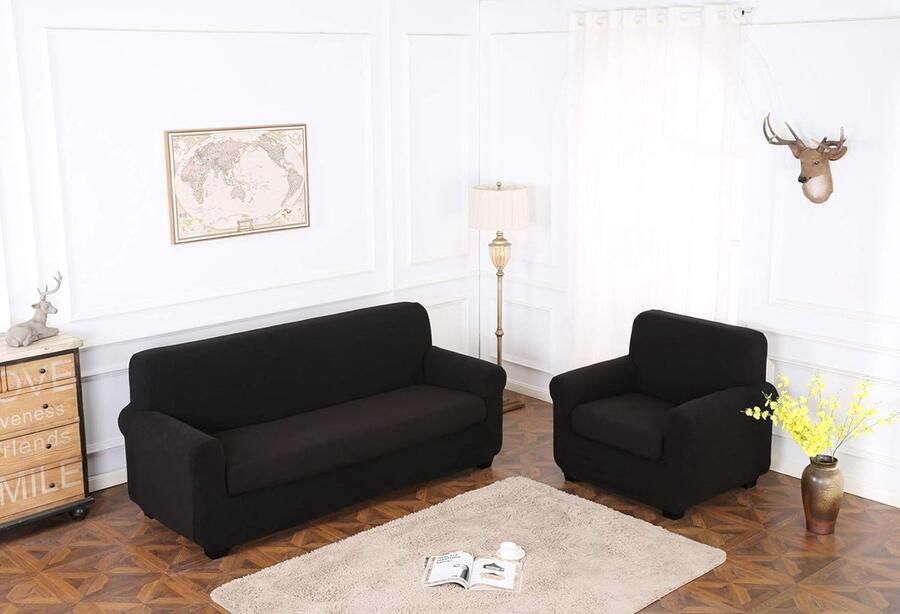 Sofahoezen+Kussenhoes Stretch meubelhoes voor fauteuil Huisdierhoezen Meubelbeschermer Hoesjes Zetelovertrek Bankbeschermer Jacquard Bankhoes(Fauteuil Zwart)