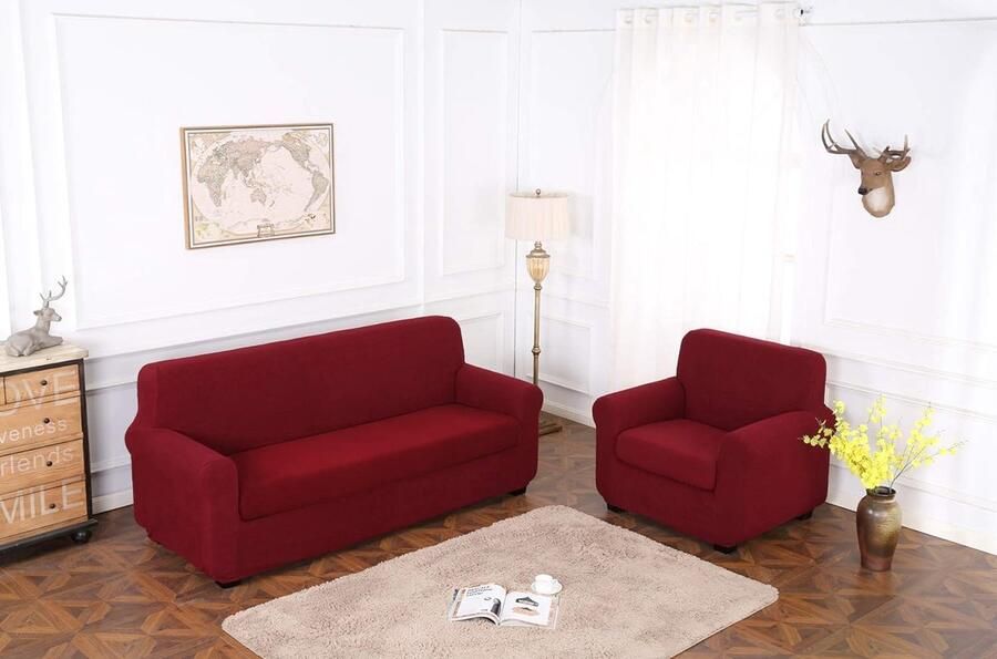 Sofahoezen+Kussenhoes Stretch meubelhoes voor fauteuil Huisdierhoezen Meubelbeschermer Hoesjes Zetelovertrek Bankbeschermer Jacquard Bankhoes(Fauteuil Claret)