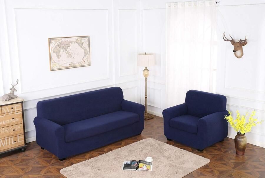 Sofahoezen+Kussenhoes Stretch meubelhoes voor fauteuil Huisdierhoezen Meubelbeschermer Hoesjes Zetelovertrek Bankbeschermer Jacquard Bankhoes(Fauteuil Donkerblauw)