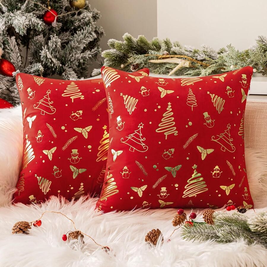 Softalker Kerstkussenhoes 50x50 rood goud met kerstboompatroon fluwelen set van 2 decoratieve kerst binnenkussenhoes kussenhoezen bankkussen decoratief kussen bankkussen voor stoel bank kinderkamer