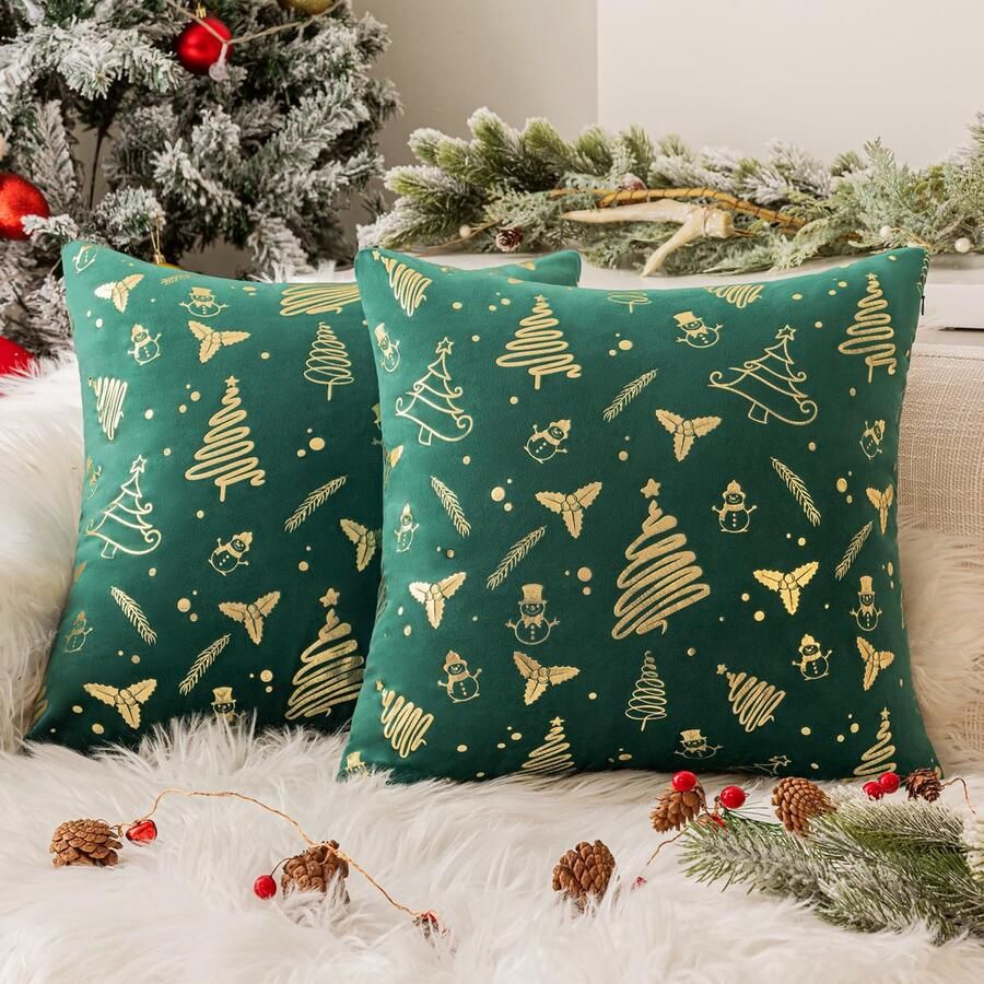 Softalker kussenhoes 40x40 Kerstgroen goud fluwelen kussenhoezen kussenhoes bankkussen decoratief kussen set van 2 kerstdecoratie voor woonkamer bank slaapkamer eetkamerstoel kinderkamer