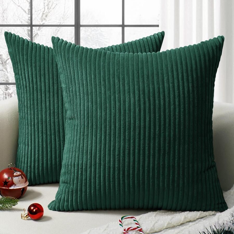Softalker kussenhoes Kerst donkergroen 40x40 set van 2 corduroy bankkussens sierkussens kussenhoezen met streeppatroon kerstdecoratie voor de woonkamer slaapkamer bank