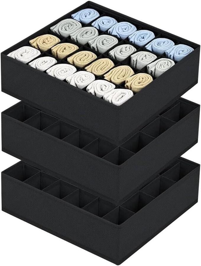 Socks Organiser 24 Cell Storage Boxes 32 x 31 x 10 cm Pack of 3 Black