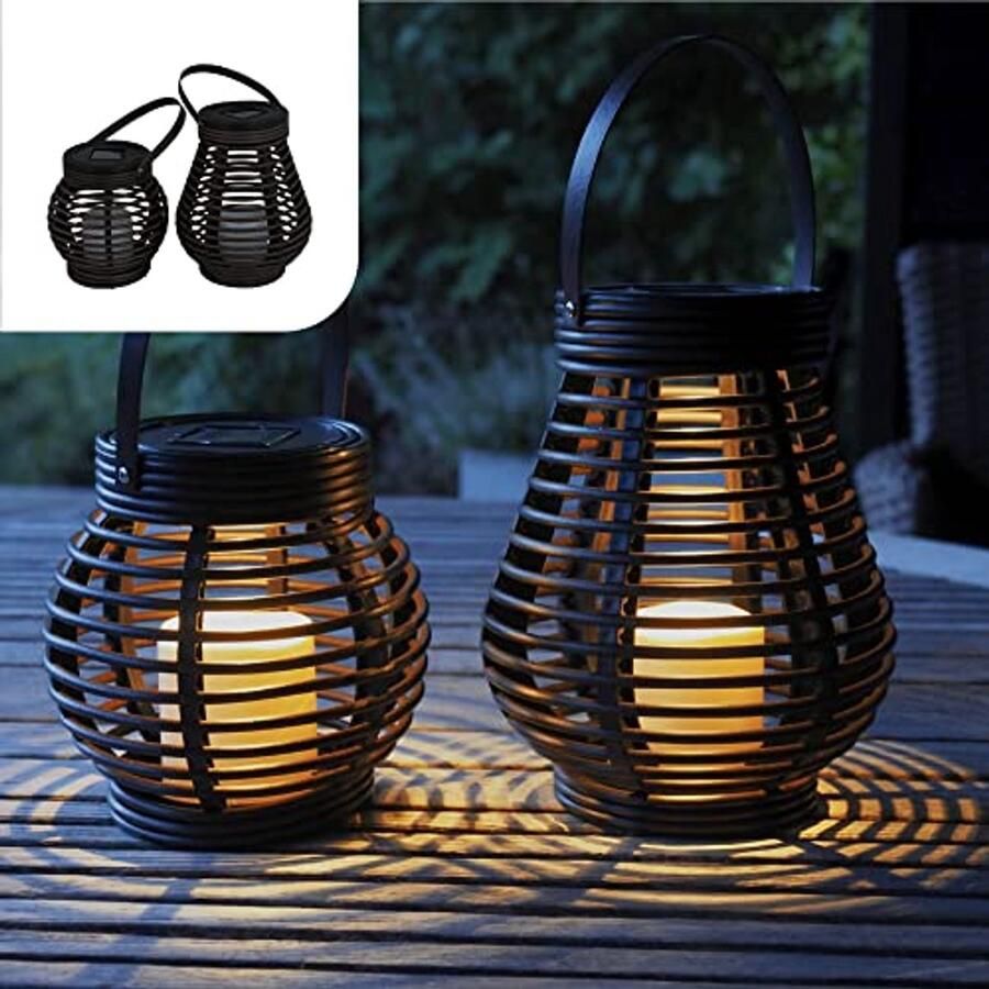 Solar Lantaarn 2-Set Rattan – Tuinverlichting op Zonne-energie – LED Tuinlampen Buiten – Weerbestendige Tafellamp met Dag Nacht Sensor – Sfeerverlichting voor de Tuin