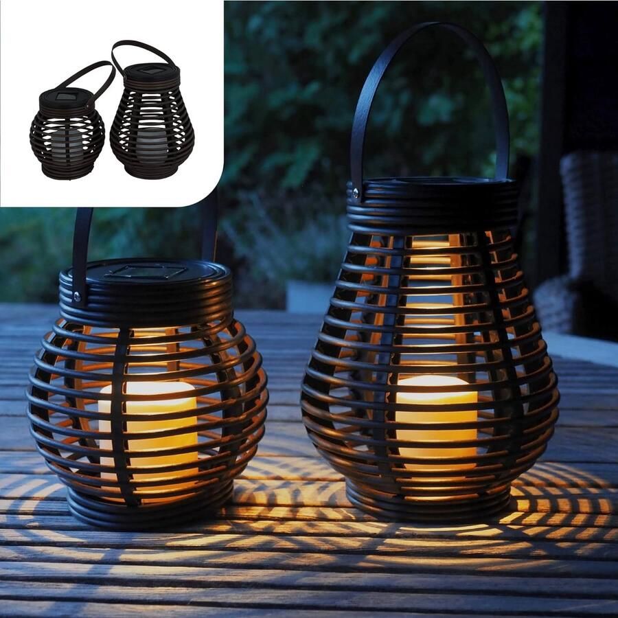 Gadgy Solar Lantern Set Rattan Look Brown Marbled Plastic 2 Pieces Teardrop and Round Ball Shape for Outdoor Use LED Table Lamp Solar Light Garden Decoration Lantern