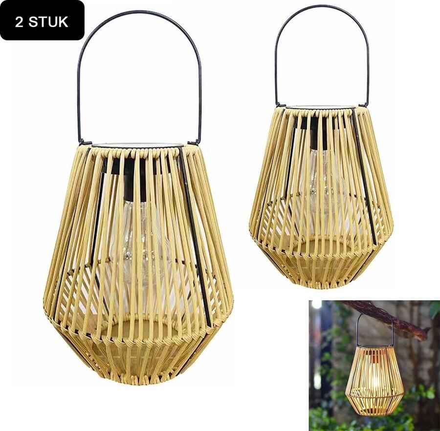 Solar Tafel Buitenlamp -2 Stuks Buitenlantaarns op zonne-energie-Rotan bamboe tuinlantaarn-Wolfraam Hangende lantaarns-zonnelamp met lichtsensor-automatisch aan uit-waterdichte hangende zonnelampen voor buiten-tuin-decoratieve