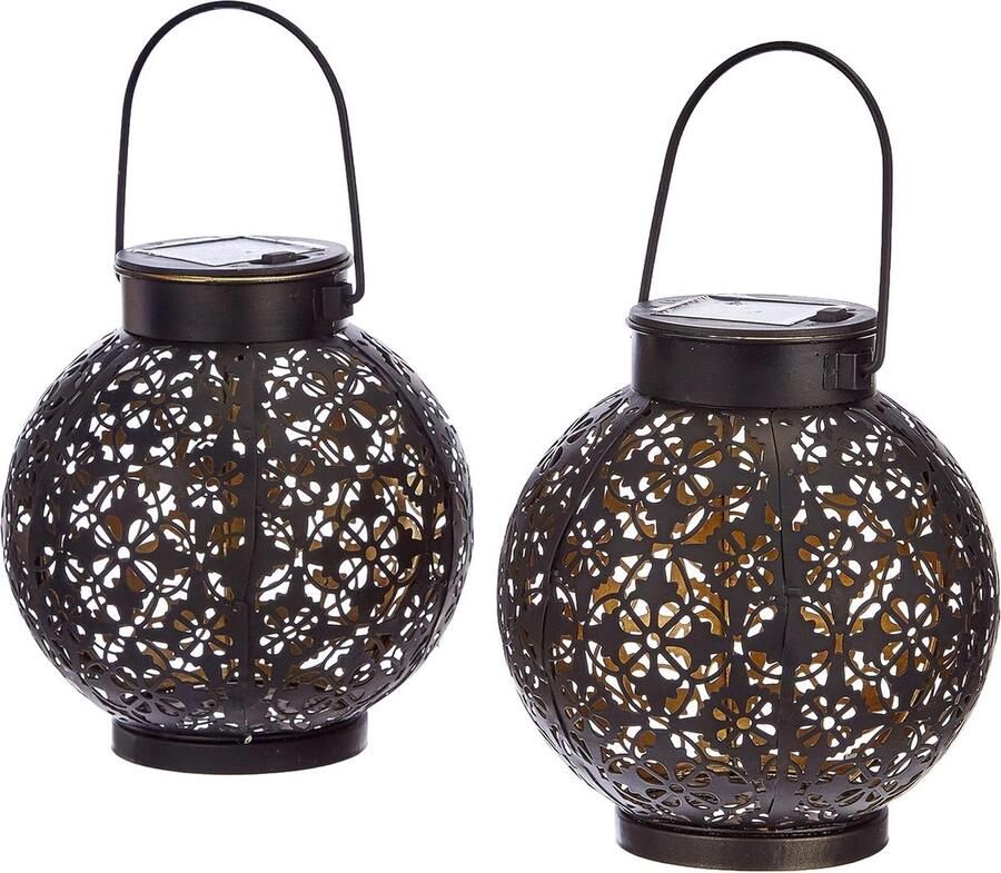 Solar Tafellamp Buiten Led Tuinlantaarn Set van 2 Zwart en Goud Metaal