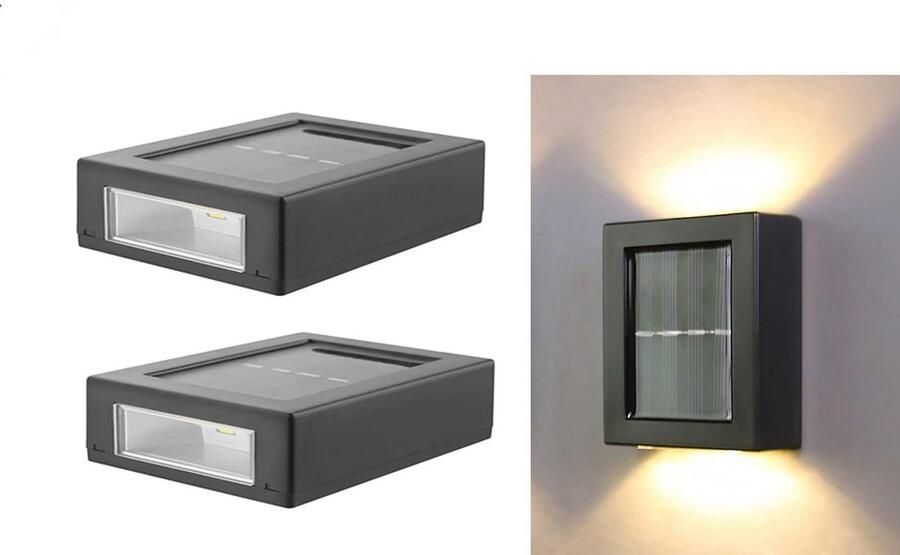 Solar Tuinverlichting Solar Buitenlamp Tuinverlichting op zonneenergie Solar Wandlamp voor buiten 2 LED lichten Warm Wit licht Waterdicht Buiten en Tuin Lamp Buitenverlichting Zonne Energie Wandlampen 2 stuks Small Zwart