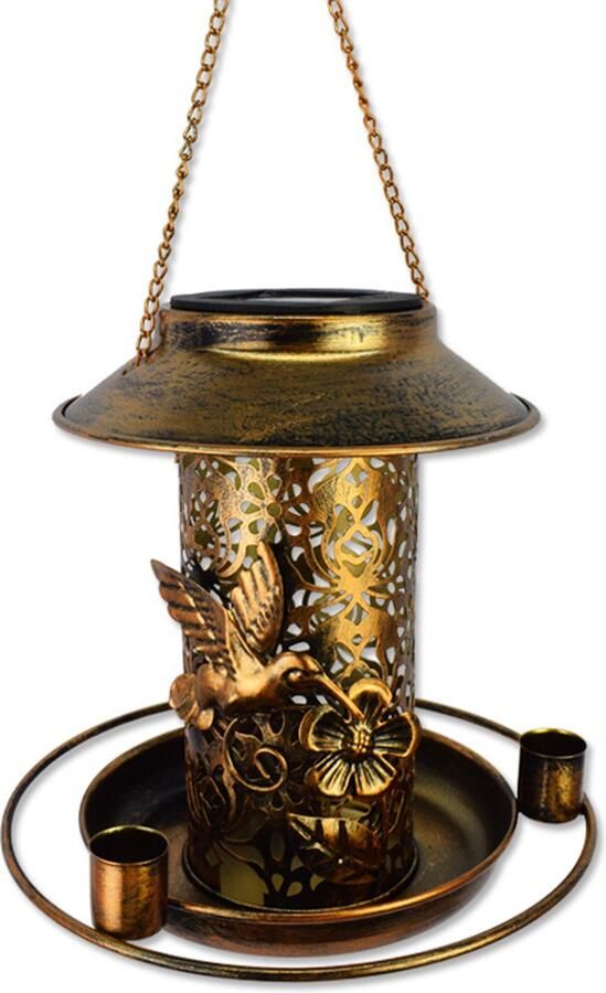 Solar tuinverlichting -Solar Lantaarn(maat L)- 3D met de vogels – Brons – Metaal Solar Tuinlamp op zonne energie – Led Buitenverlichting met Dag Nacht Sensor – tafellampen voor buiten- Hanglamp Tuinlantaarn – 19.5 cm