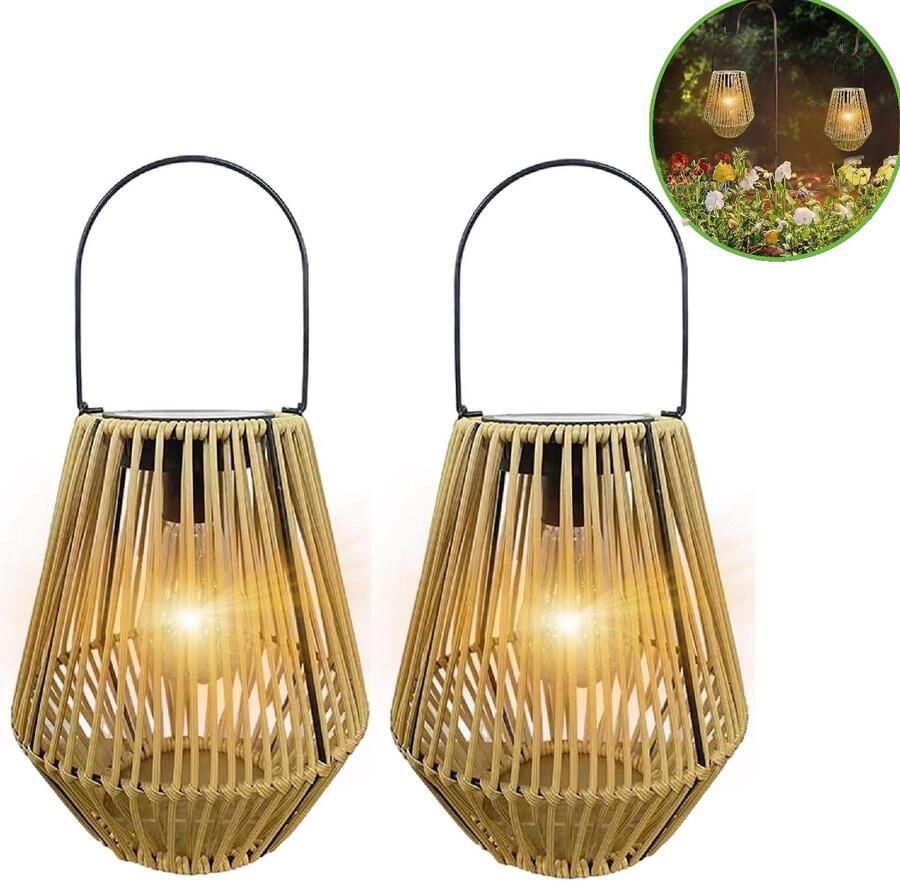 Solar Tuinverlichting Tafel Buitenlamp (set van 2 stuks) Rotan bamboe Lantaarn Buitenverlichting tafellampen voor buiten-Solar Lamp Tuin- Tuinverlichting Led Buiten ophangen – Lantaarn Windlicht op Zonneenergie Lantaarn voor Buiten