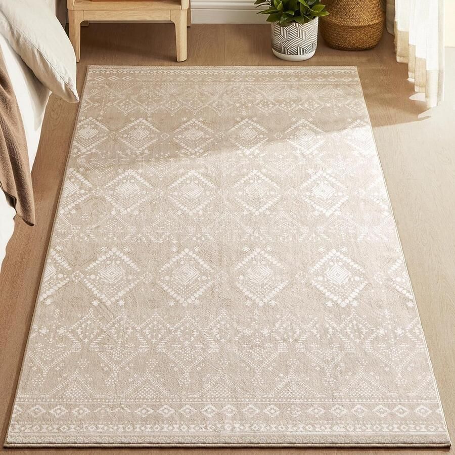 SONGMICS HOME Vloerkleed 120 x 170 cm Vloerkleed voor slaapkamer Vloerkleed voor woonkamer Antislip tapijt Woondecoratie voor woonkamer Machinewasbaar Boho-stijl Cappuccino Beige TAR027K01