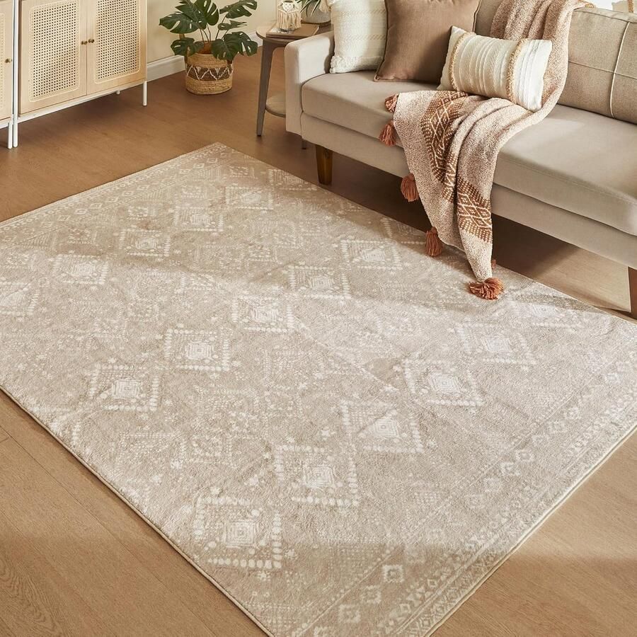 SONGMICS HOME Vloerkleed 160 x 230 cm Vloerkleed voor slaapkamer Vloerkleed voor woonkamer Antislip tapijt Woondecoratie voor woonkamer Machinewasbaar Boho-stijl Cappuccino Beige TAR029K01V1