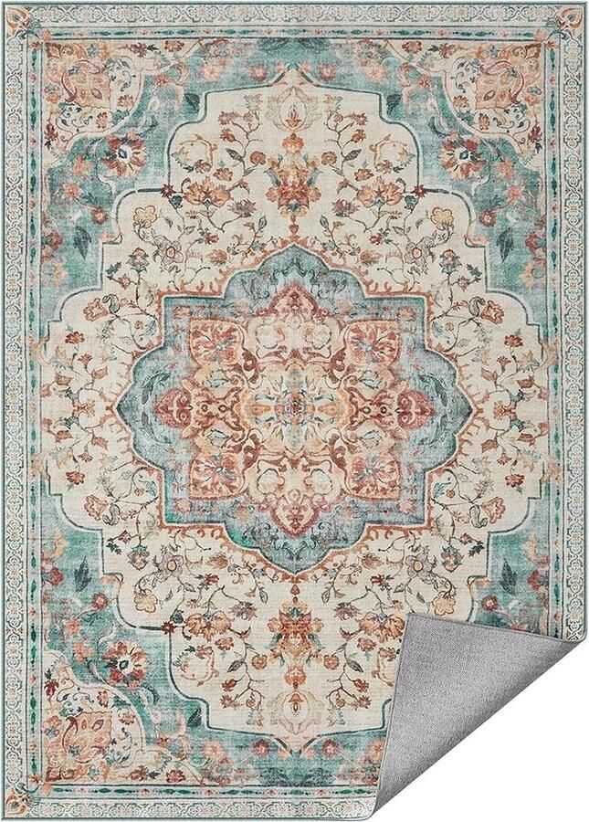 SONGMICS HOME Vloerkleed 60 x 84 inch Woonkamer Tapijt Antislip Tapijt Traditionele Vintage Stijl Woonkamer Keuken Hal Eetkamer Machinewasbaar Aqua Blauw TAR036Q01
