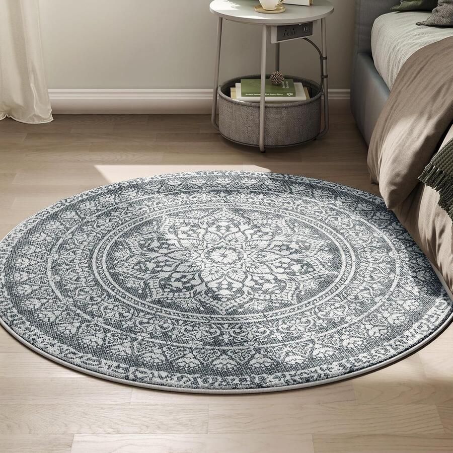 SONGMICS HOME Vloerkleed rond outdoor tapijt boho 120 cm wasbaar antislip vintage bloemen voor woonkamer eetkamer slaapkamer tuin terras balkon antracietgrijs