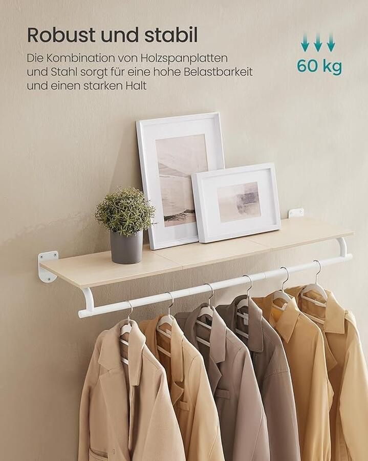 SONGMICS HSR135W01 wandkapstok met kledingstang totale belasting 60 kg 28 x 109 x 13 2 cm voor slaapkamer kleedkamer natuurlijk beige wolkwit