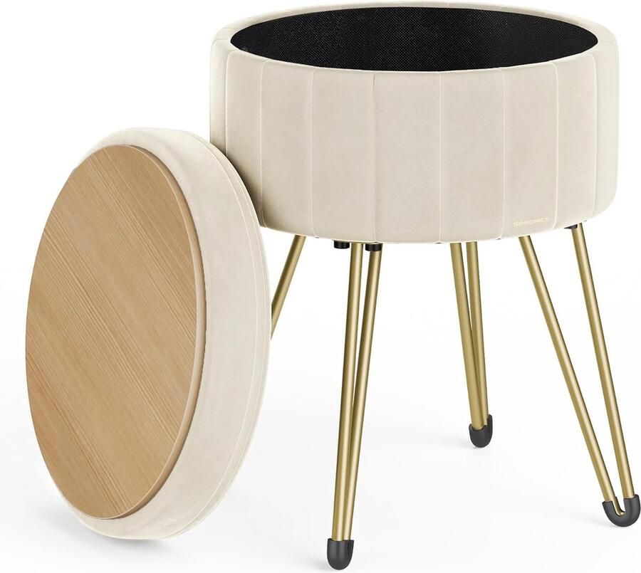 SONGMICS Kruk met opbergruimte fluwelen make-upkruk ronde kruk 39 cm hoogte 44 4 cm 4 metalen poten voor kleedkamer woonkamer slaapkamer crèmewit