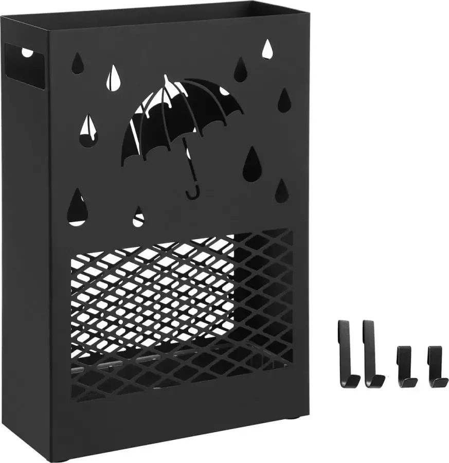 SONGMICS paraplubak metaal paraplubak rechthoekig met een afneembare wateropvangbak 4 haken uitsnijding ontwerp voor de gang en het kantoor zwart LUC004B01