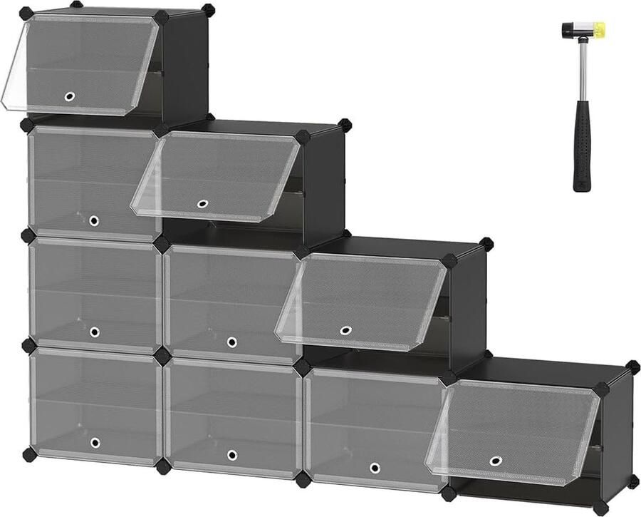 SONGMICS Schoenenrek met 10 vakken schoenenkast 30 x 40 x 30 cm per vak smal met deuren stalen frame kunststof voor hal slaapkamer entree zwart LPC035B01