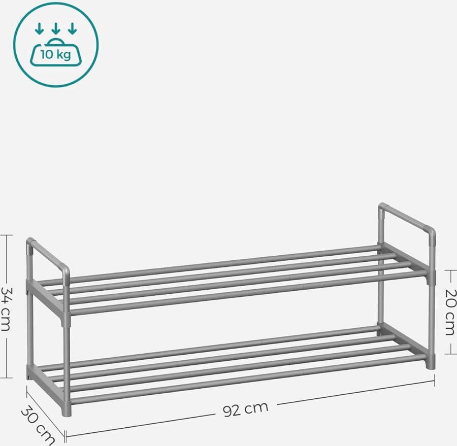SONGMICS Schoenenrek met 2 etages schoenenrek organizer van metaal voor 8 10 paar schoenen stapelbaar hal woonkamer slaapkamer 30 x 92 x 33 cm grijs LSA012G01