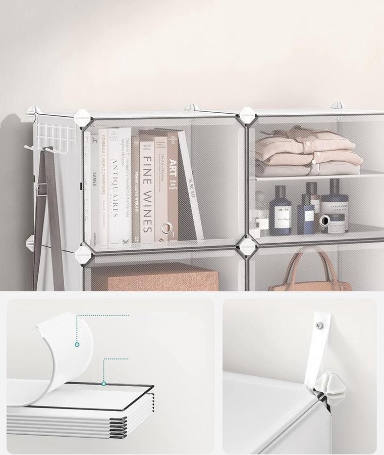 SONGMICS Schoenenrek met 8 vakken schoenenkast 30 x 40 x 30 cm per vak smal met deuren stalen frame kunststof voor hal slaapkamer entree wit LPC034W01