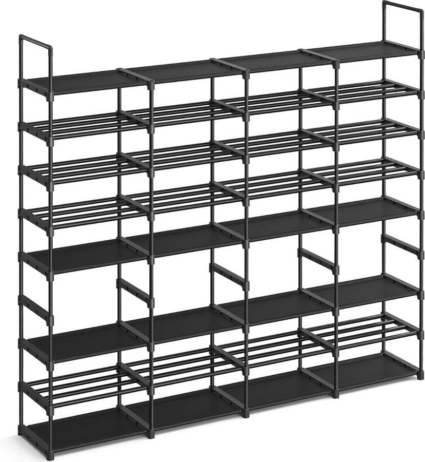 SONGMICS Schoenenrek verstelbaar schoenenstandaard met 8 niveaus opbergrek stalen buizen vliesstof voor maximaal 64 paar schoenen ruimtebesparend voor entree garderobe garage inktzwart