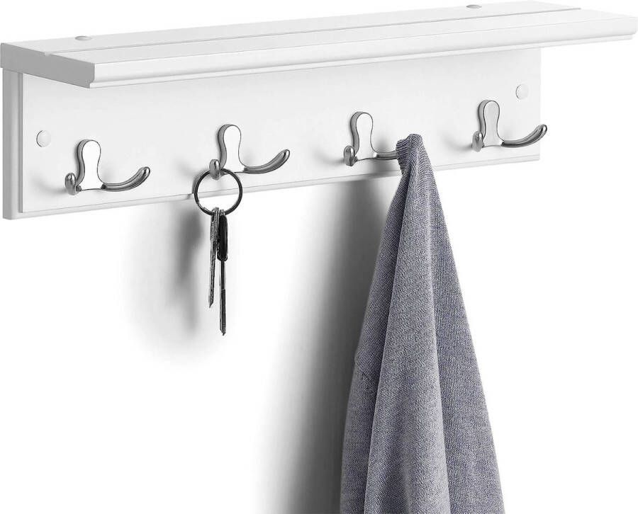 SONGMICS Wandkapstok hal kapstok met 4 dubbele haken met plank kapstokhaak voor badkamer woonkamer keuken wit