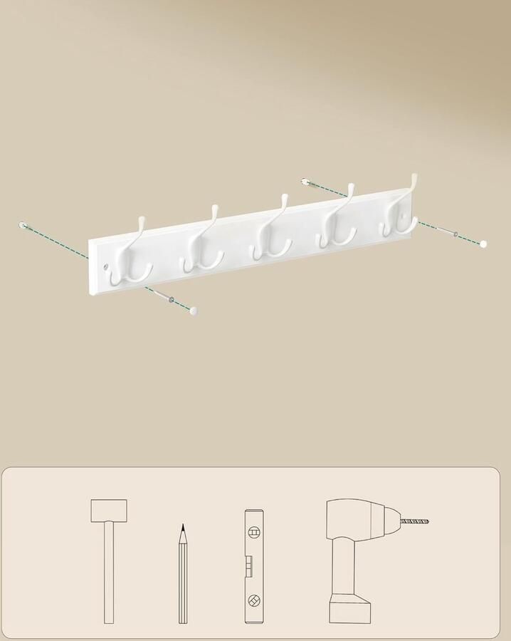 SONGMICS Wandkapstok kapstok 5 drievoudige metalen haken haakrek voor kleding tassen sleutels voor hal slaapkamer woonkamer voorgemonteerd wolkwit LHR305W01