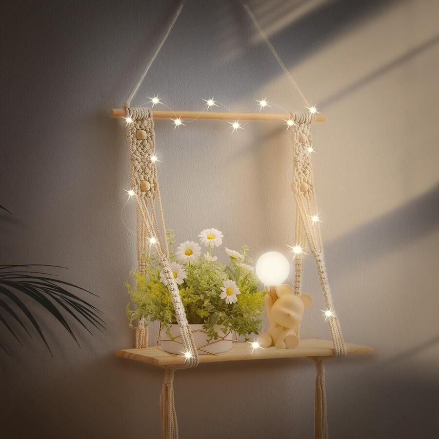 SOSINYA houten wandplank – boho decoratie en macramé plank met LED-lichtsnoer perfecte boho wanddecoratie voor de woonkamer slaapkamer of badkamer wanddecoratie plank muur wandplank boho macramé decoratie