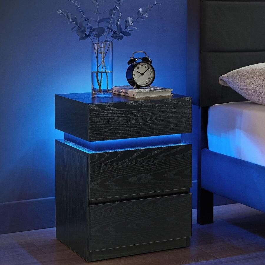 Rootz Living Rootz Spaanplaat Bijzettafel Zwarte Houtnerf Nachtkastje 3 Laden Lichtgewicht Stevig 35cm x 40cm x 55cm