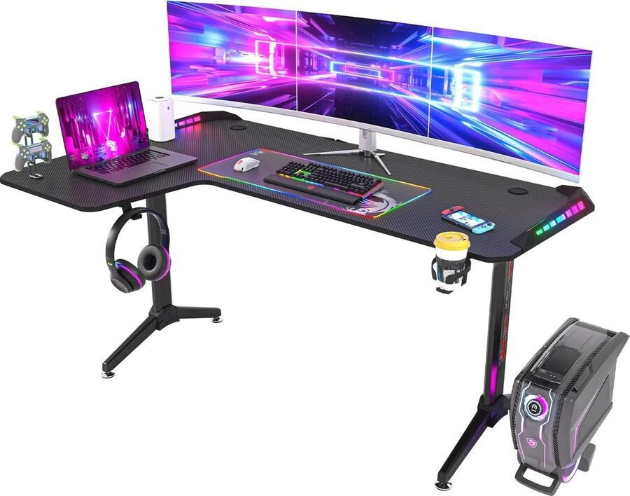 T&L Store Bureau L-vormig Met RGB Led-Verlichting Linkse Hoek Gaming Kantoor Met Toetsenbord Plank Hoofdtelefoonhouder Bekerhouder Woonkamer Slaapkamer Thuis Kantoor Zwart 162x100x77cm