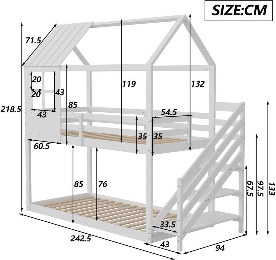 Specialize Bedhuisje van hoogwaardig dennenhout en MDF wit Bedhuis Met Hoektrap Huisbed Kinderbed Met Valbeveiligen en trapleuning 200X90 Cm stapelbed