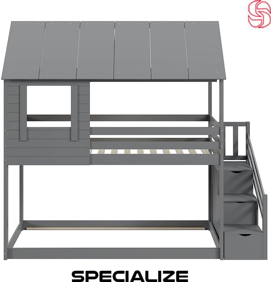 Specialize stapelbed bedhuisje boomhutbed met trap en opbergruimte 90x200 cm Hoogslaper Houten Stapelbed – Huisdesign – Veilig en Stevig – Speels Kinderbed