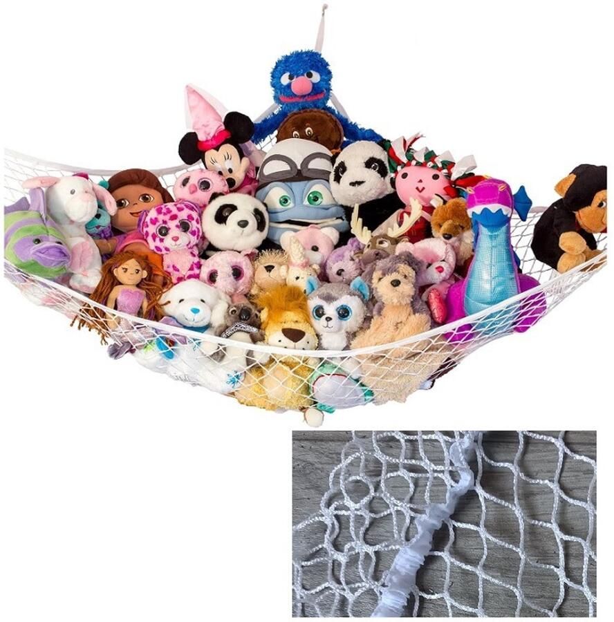 Speelgoed opberg hangmat Hoekopberghangmat voor speelgoed Poppen opbergnet Gemaakt van hoogwaardig visnet 120x120x180 cm (Wit)