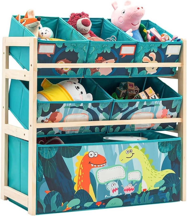 Speelgoed-organizer opbergplank houten rek met 3 verdiepingen voor kinderen met plankdozen boekenkast voor kinderen kinderkamer school kleuterschool stoffen laden voor boeken en speelgoed