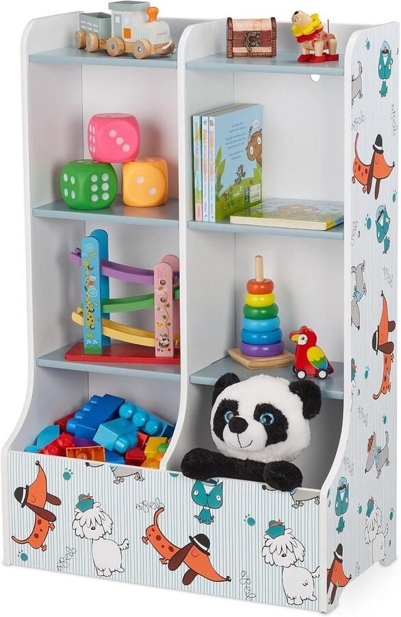 Speelgoedkast 8 vakken MDF kinderkast met hondenprint HxBxD: 90 x 59 x 30 cm kinderboekenkast kleurrijk Relaxdays