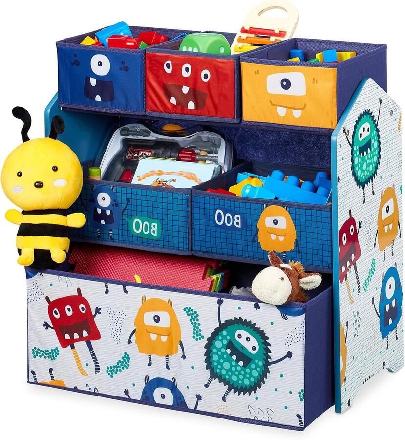Speelgoedkast met 6 stoffen manden monster design HxBxD: 66 x 63.5 x 30 cm opbergkast speelgoed kleurrijk Relaxdays