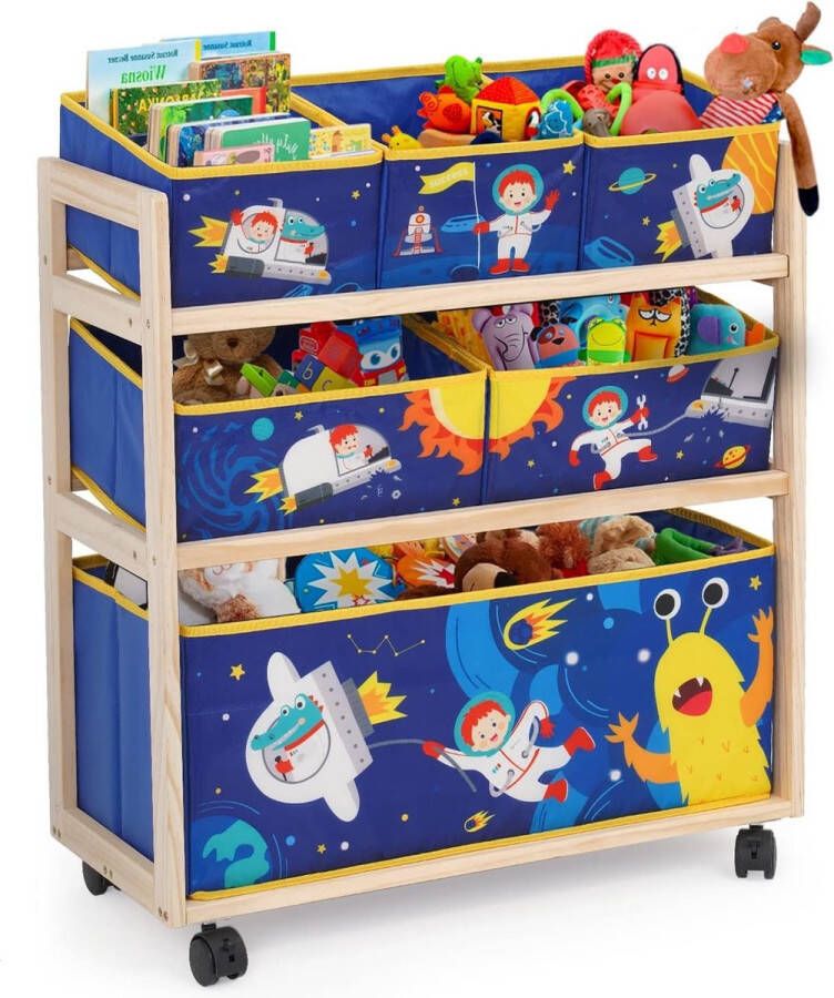 Speelgoedplank Kinderkamerplank met 4 wielen Boeken- en speelgoedplank 3-laagse speelgoedorganizer Kinderkamer Multifunctioneel plankje met klein monsterpatroon