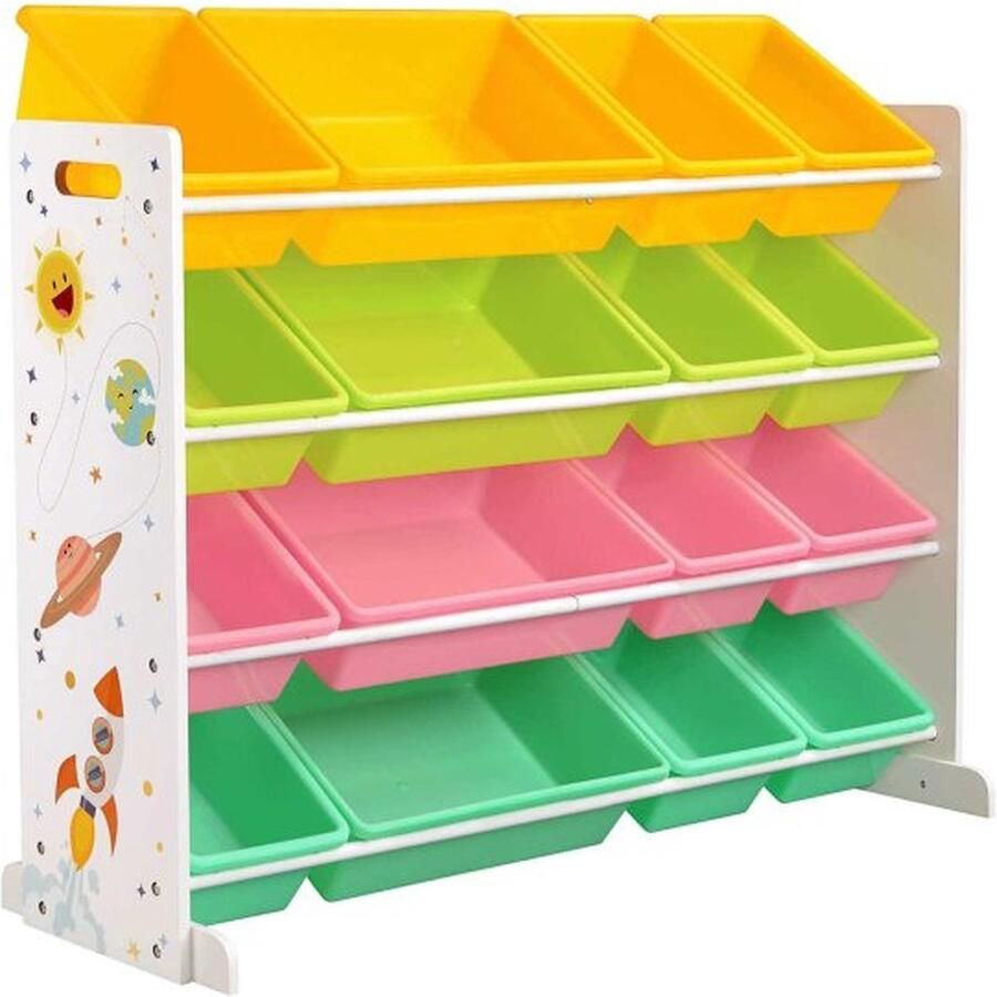 ZAZA Home Speelgoedplank Speelgoedorganizer Kinderkamerplank Met 16 Verwijderbare Pp-Plastic Dozen Voor Kinderkamers Speelkamers Scholen Geel Lichtgroen Roze En Samargd Groen