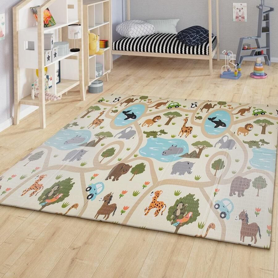Speelmat voor Kinderen Vouwbaar Kindervloerkleed met Dierpatroon en Wereldkaart Wasbaar Grijs Groen Beige 150x200 cm