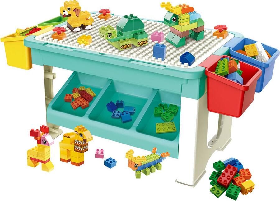 Speeltafel met bouwplaat (geschikt voor Duplo blokken) en vlakke kant. Kindertafel met 7 Opbergbakken Bouwtafel