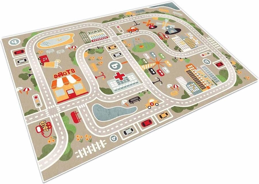 Speeltapijt Straatauto Dierenuniversum Blauw Groen Grijs Kindertapijt 80x120cm