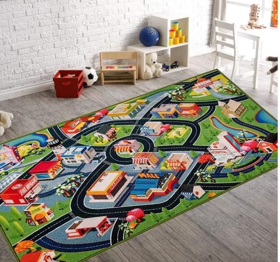 Speeltapijt voor kinderen straten 3D 100 x 200 cm kindertapijt met antislip autospeeltapijt