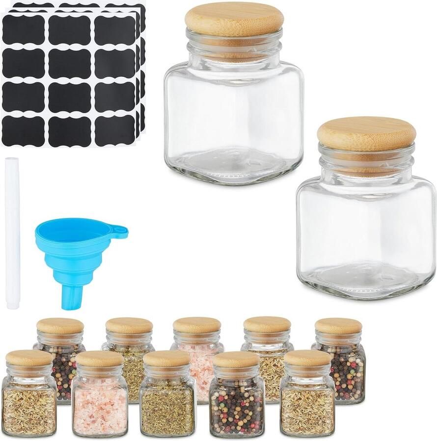 Spice Jar Set 12 Pieces 100ml Glass Jars with Bamboo Caps incl. Label Pen Transparent Nature